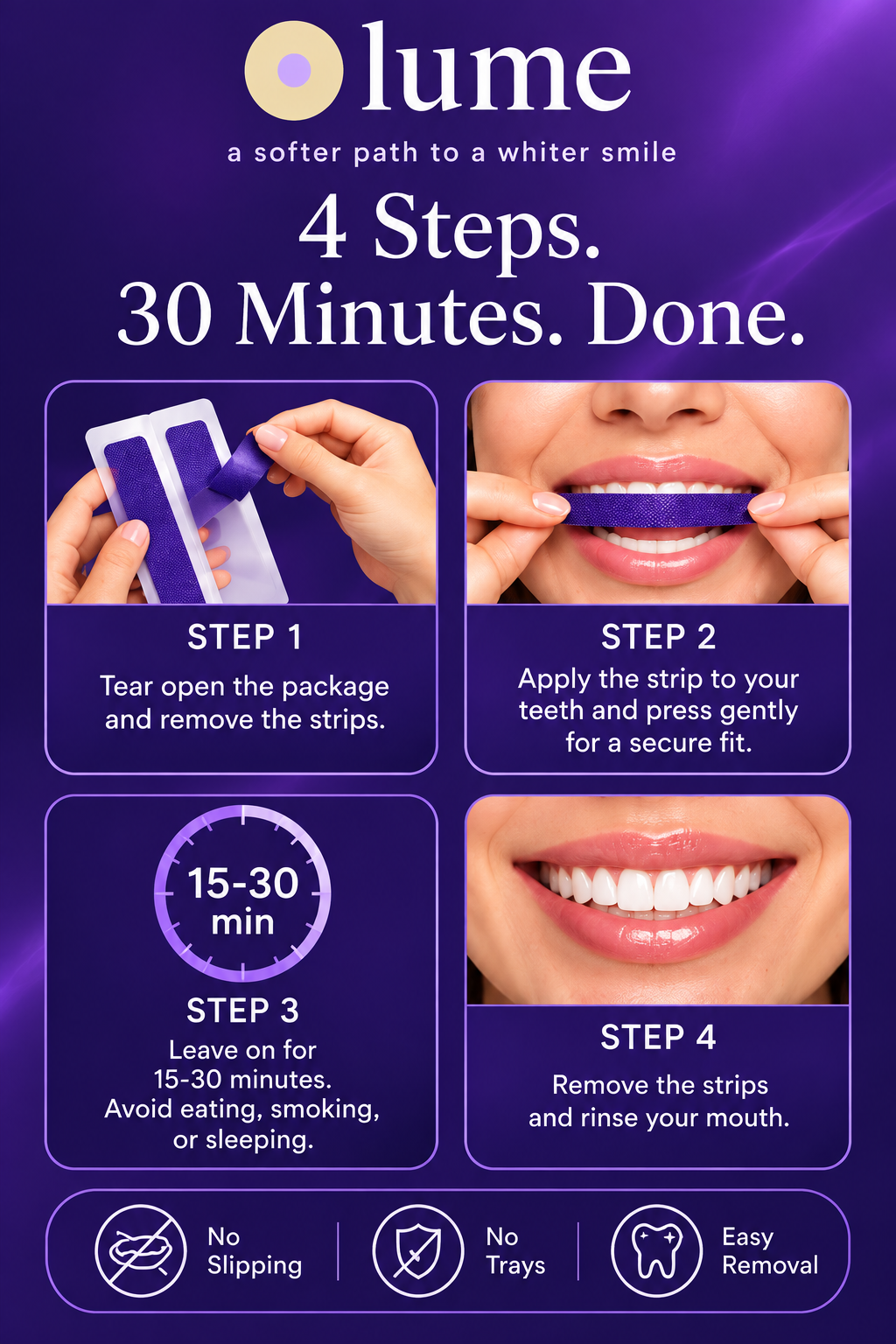 Purple Teeth Whitening Strips, Peroxide-free strips, made for real, everyday routines.
